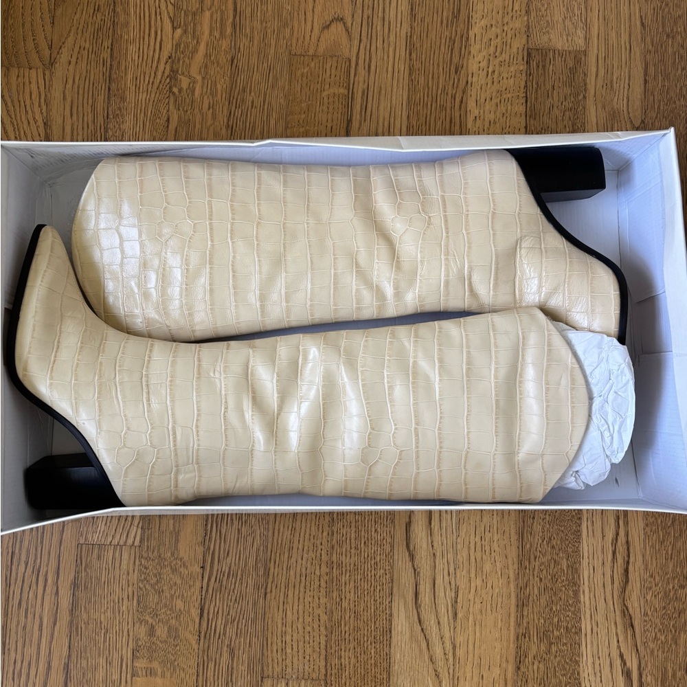 Schutz Maryanna Block Croc-Embossed Leather Boots in Eggshell